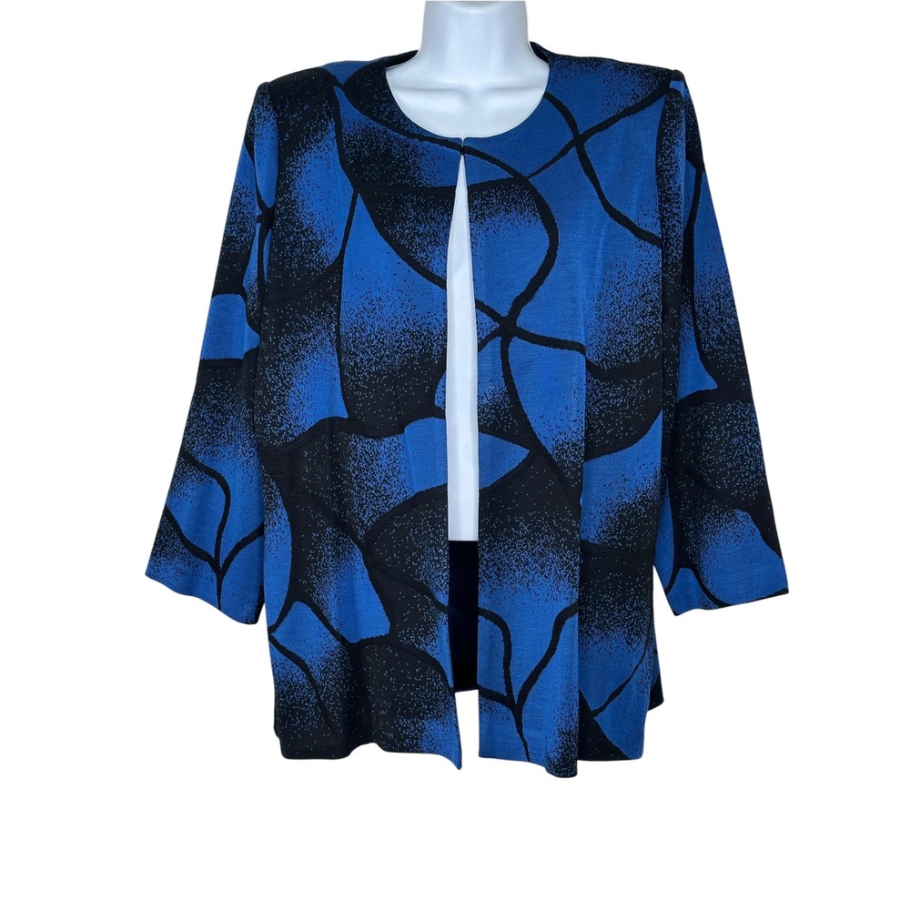New Misook Cardigan Jacket 0X XL Blue Black Abstract Knit Heritage Fit NWT